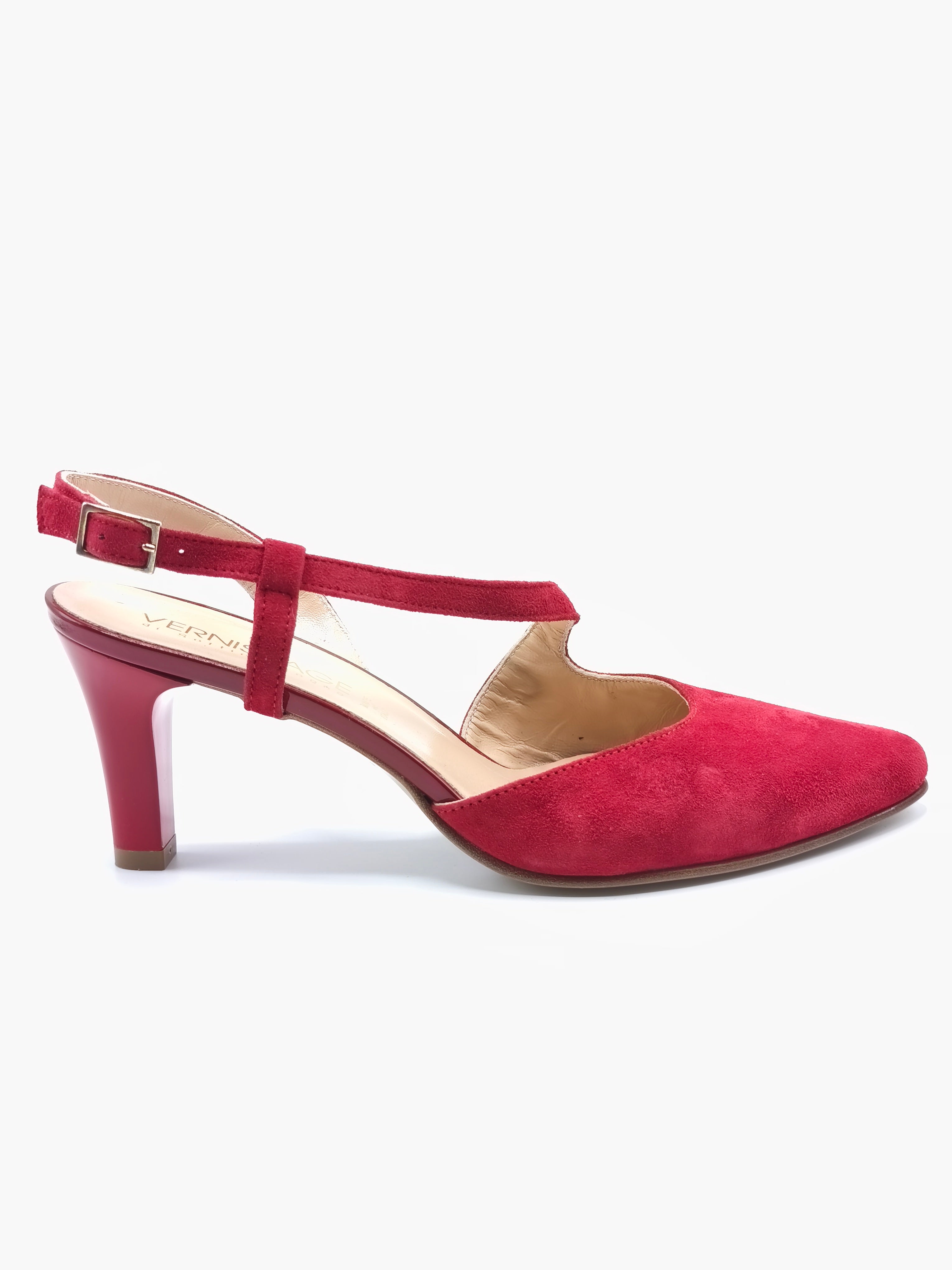 Slingback in pelle scamosciata e tacco in vernice