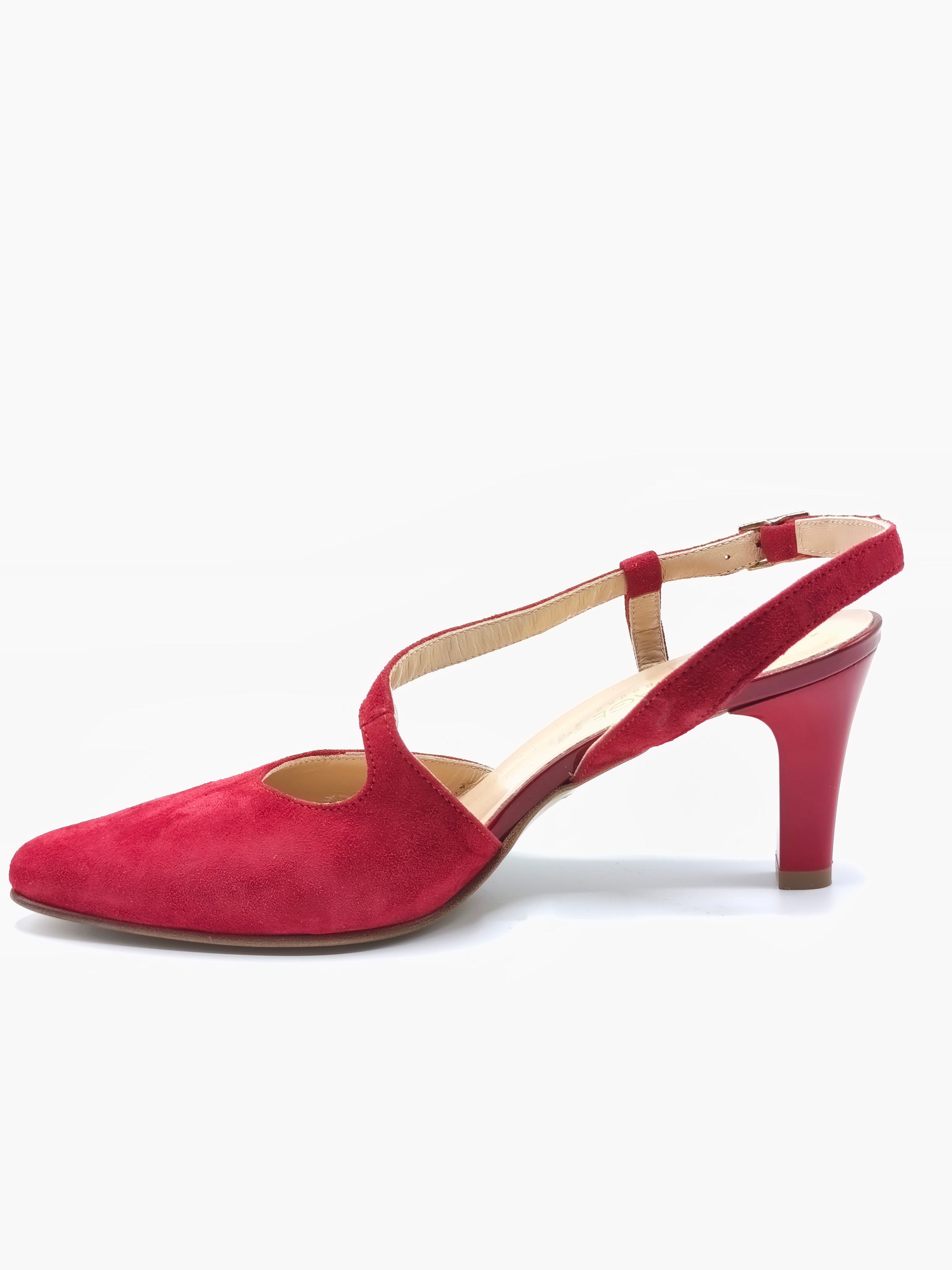 Slingback in pelle scamosciata e tacco in vernice